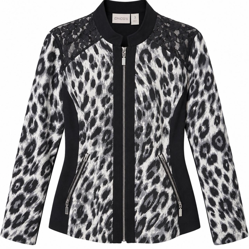 Chico's Leopard Print Lace Bomber Jacket Size 3 Mob Wife Animal Print